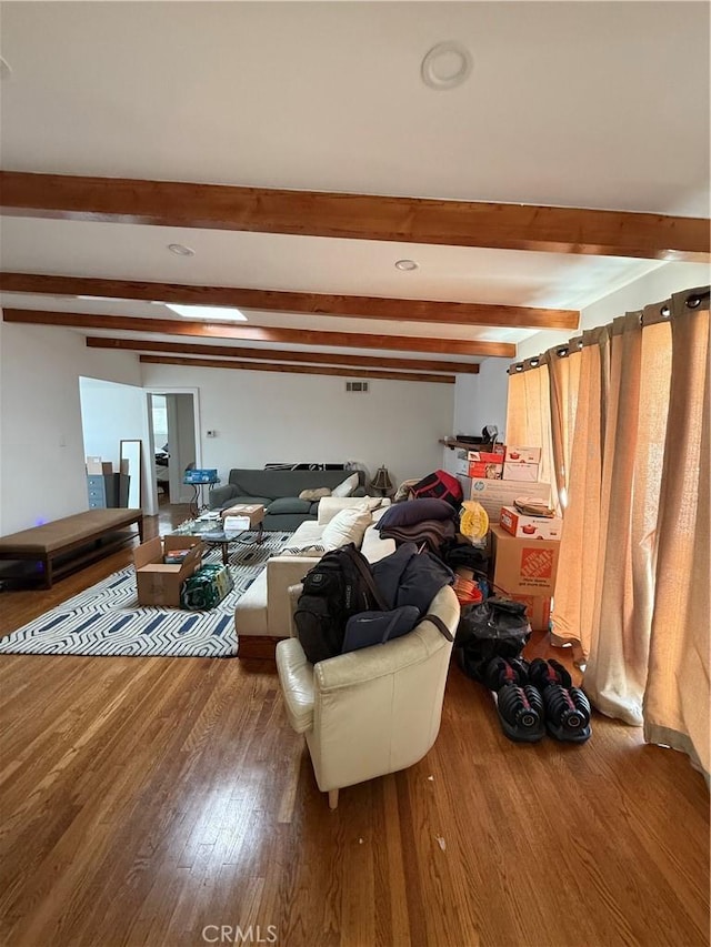 18649 Willard St, Reseda, CA 91335 - living area featuring wood finished floors and beam ceiling
