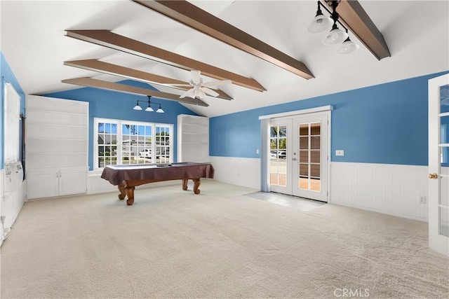 20632 Egret Ln, Huntington Beach, CA 92646 - recreation room featuring french doors, wainscoting, billiards, carpet, and plenty of natural light