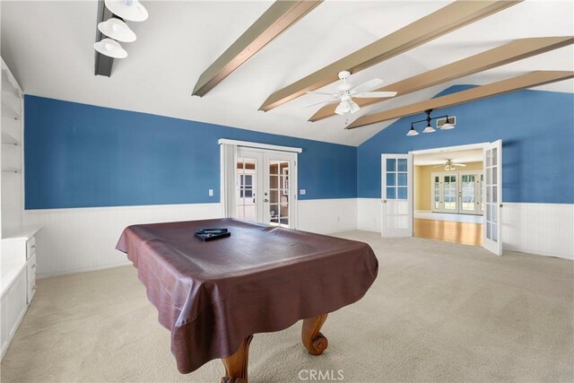 20632 Egret Ln, Huntington Beach, CA 92646 - rec room with french doors, a wainscoted wall, light colored carpet, a ceiling fan, and billiards table