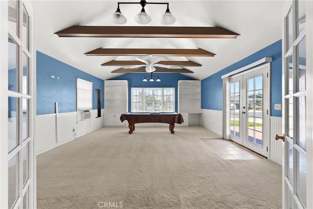 20632 Egret Ln, Huntington Beach, CA 92646 - playroom with french doors, carpet flooring, billiards, a wainscoted wall, and cooling unit