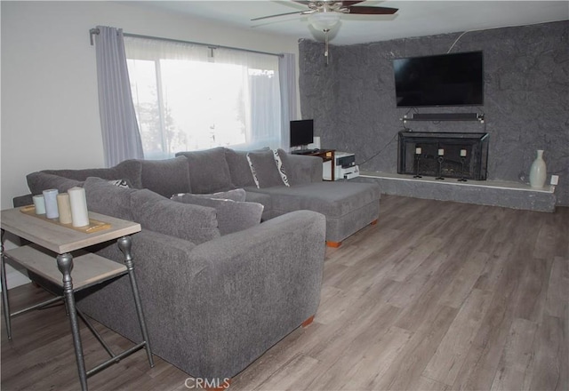 17471 Reed St, Fontana, CA 92336 - living area featuring ceiling fan and wood finished floors