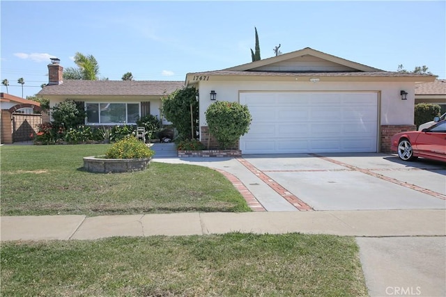 17471 Reed St, Fontana, CA 92336 - ranch-style house featuring concrete driveway, a front yard, a garage, stucco siding, and brick siding