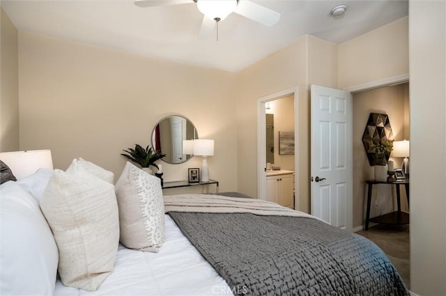33850 Sattui St, Temecula, CA 92592 - bedroom featuring ensuite bath, ceiling fan, and light colored carpet