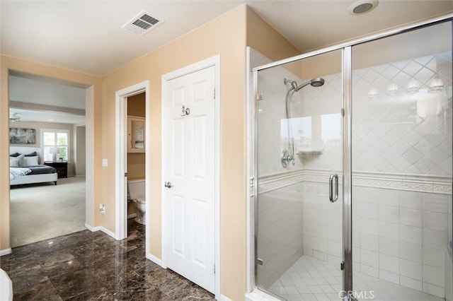 33850 Sattui St, Temecula, CA 92592 - ensuite bathroom with toilet, a shower stall, marble finish flooring, and baseboards