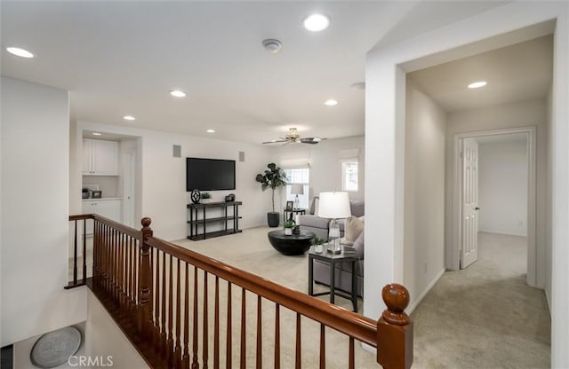 33850 Sattui St, Temecula, CA 92592 - hallway featuring recessed lighting, carpet flooring, and an upstairs landing