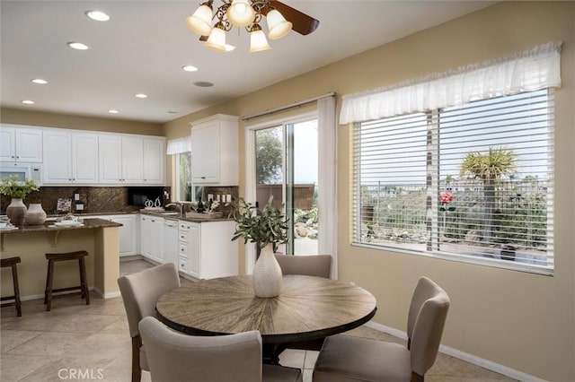 33850 Sattui St, Temecula, CA 92592 - dining room featuring recessed lighting, light tile patterned flooring, and a ceiling fan