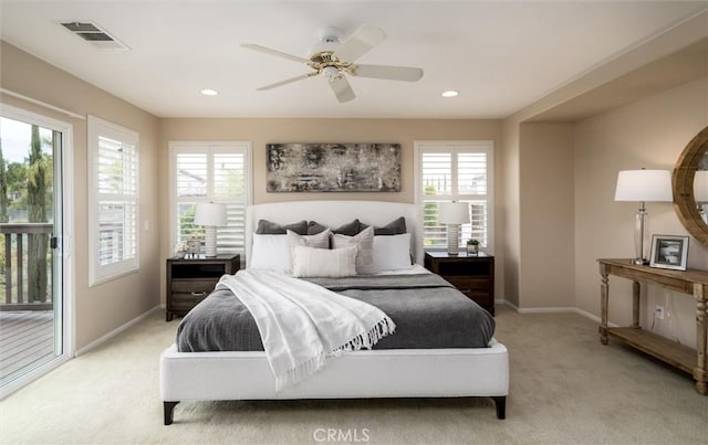 33850 Sattui St, Temecula, CA 92592 - bedroom featuring access to outside, light carpet, baseboards, recessed lighting, and ceiling fan