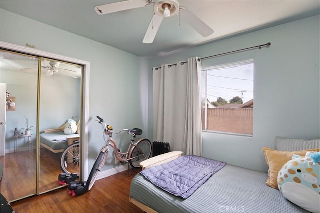 10108 Roseton Ave, Santa Fe Springs, CA 90670 - bedroom featuring wood finished floors, a closet, a ceiling fan, and baseboards
