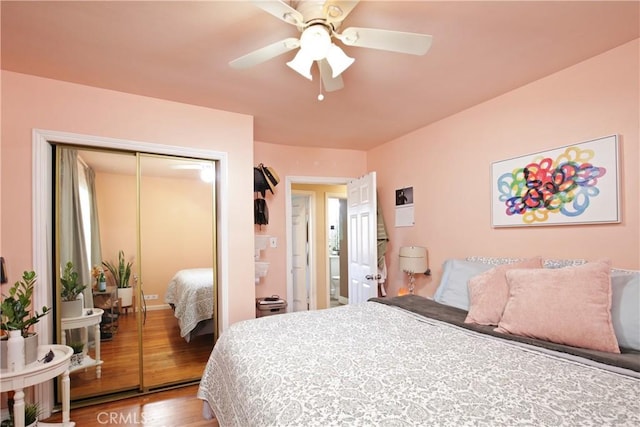 10108 Roseton Ave, Santa Fe Springs, CA 90670 - bedroom with wood finished floors, a closet, and a ceiling fan