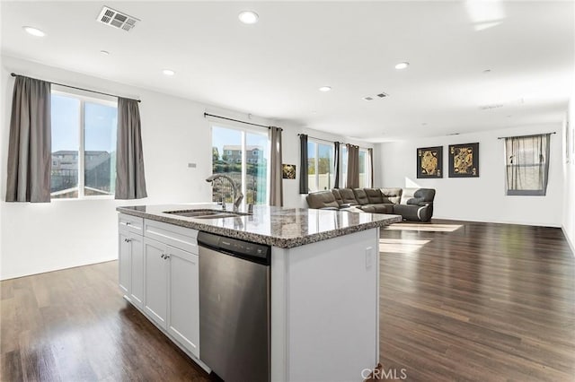 34048 Thistlewood Ave, Murrieta, CA 92563 - kitchen with dishwasher, a sink, dark wood-type flooring, light stone counters, and recessed lighting