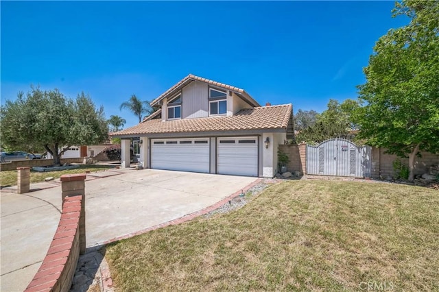 6114 Sard St, Rancho Cucamonga, CA 91701 - view of front of house with a tiled roof, a gate, driveway, and stucco siding