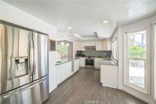 6114 Sard St, Rancho Cucamonga, CA 91701 - kitchen featuring appliances with stainless steel finishes, under cabinet range hood, decorative backsplash, white cabinets, and a textured ceiling