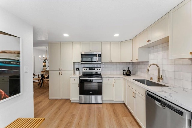 4532 Dawson Ave Unit 3, San Diego, CA 92115 - kitchen featuring appliances with stainless steel finishes, a sink, light wood-style flooring, a chandelier, and decorative backsplash
