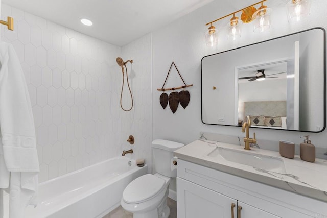 4532 Dawson Ave Unit 3, San Diego, CA 92115 - bathroom with vanity, washtub / shower combination, a ceiling fan, and toilet