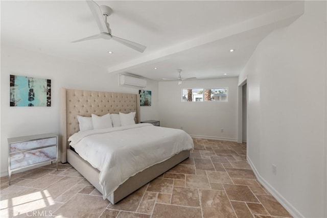 72408 Desert Dr, Rancho Mirage, CA 92270 - bedroom with a wall mounted air conditioner, stone finish floors, baseboards, recessed lighting, and beam ceiling