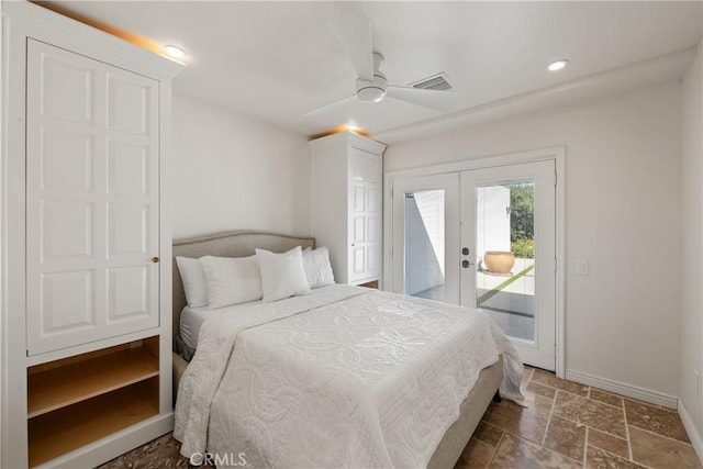 72408 Desert Dr, Rancho Mirage, CA 92270 - bedroom featuring access to outside, stone tile flooring, french doors, baseboards, and a ceiling fan