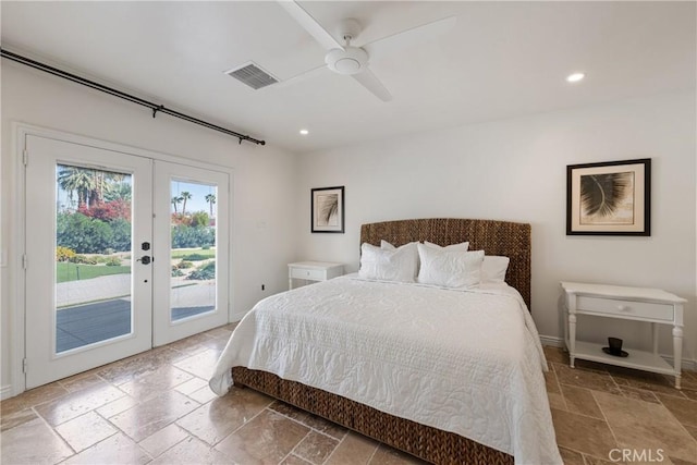 72408 Desert Dr, Rancho Mirage, CA 92270 - bedroom with stone tile floors, access to outside, french doors, recessed lighting, and baseboards