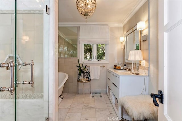 302 W Carter Ave, Sierra Madre, CA 91024 - full bathroom featuring crown molding, a soaking tub, vanity, a shower stall, and marble finish flooring