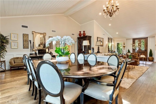 302 W Carter Ave, Sierra Madre, CA 91024 - dining room with light wood-style flooring, a chandelier, ornamental molding, wood ceiling with exposed beams, and high vaulted ceiling