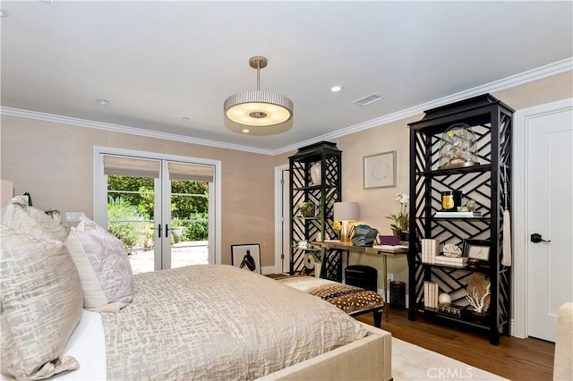 302 W Carter Ave, Sierra Madre, CA 91024 - bedroom with access to outside, wood finished floors, french doors, and ornamental molding