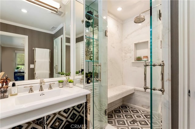 302 W Carter Ave, Sierra Madre, CA 91024 - full bathroom with a marble finish shower, ornamental molding, a sink, and recessed lighting