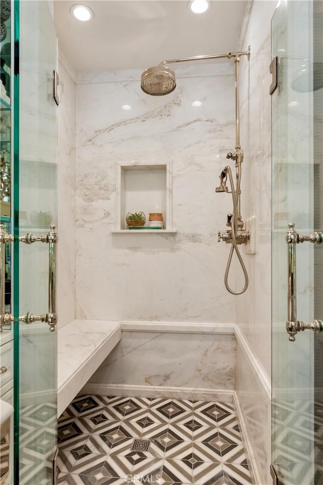 302 W Carter Ave, Sierra Madre, CA 91024 - bathroom with a marble finish shower and recessed lighting
