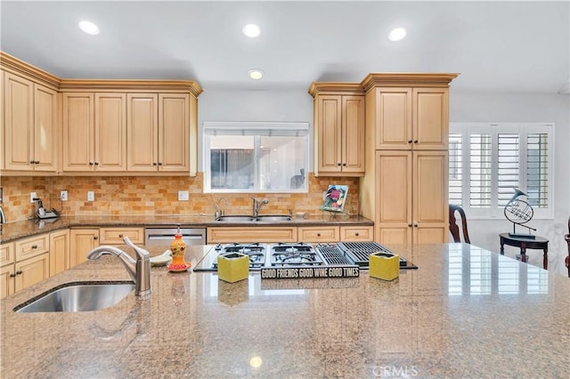 724 S Broadway Unit B, Redondo Beach, CA 90277 - kitchen featuring a sink, stainless steel appliances, recessed lighting, stone counters, and decorative backsplash