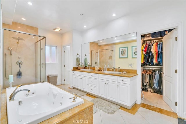 724 S Broadway Unit B, Redondo Beach, CA 90277 - full bath featuring a shower stall, a whirlpool tub, tile patterned flooring, double vanity, and recessed lighting