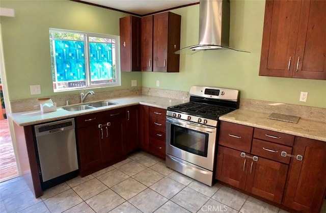 3513 Denker Ave, Los Angeles, CA 90018 - kitchen with appliances with stainless steel finishes, wall chimney exhaust hood, a sink, and light tile patterned flooring