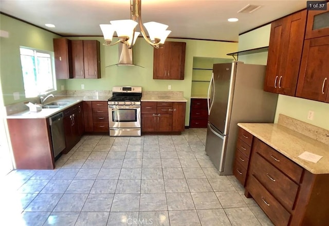 3513 Denker Ave, Los Angeles, CA 90018 - kitchen featuring appliances with stainless steel finishes, wall chimney range hood, light countertops, a chandelier, and pendant lighting
