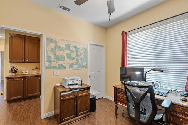 31081 Bunker Dr, Temecula, CA 92591 - office with dark wood finished floors, ceiling fan, and baseboards