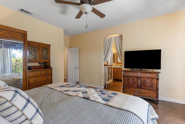 31081 Bunker Dr, Temecula, CA 92591 - bedroom with baseboards, wood finished floors, access to exterior, connected bathroom, and a ceiling fan