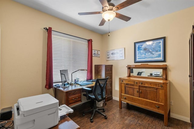 31081 Bunker Dr, Temecula, CA 92591 - office with a ceiling fan, dark wood-style floors, and baseboards
