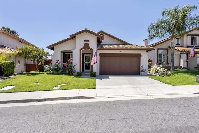 31081 Bunker Dr, Temecula, CA 92591 - mediterranean / spanish-style home with an attached garage, stucco siding, concrete driveway, a front yard, and a tiled roof