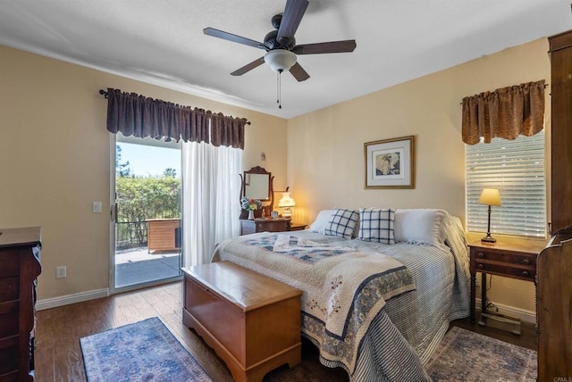 31081 Bunker Dr, Temecula, CA 92591 - bedroom with access to outside, wood finished floors, baseboards, and a ceiling fan