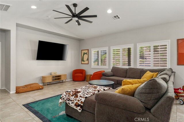 33007 Cattle Dr, Winchester, CA 92596 - living area featuring lofted ceiling, a ceiling fan, tile patterned flooring, recessed lighting, and baseboards
