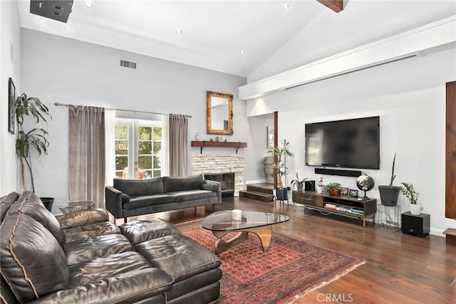 749 Canyon Crest Dr, Sierra Madre, CA 91024 - living room with high vaulted ceiling, wood finished floors, a fireplace, and recessed lighting