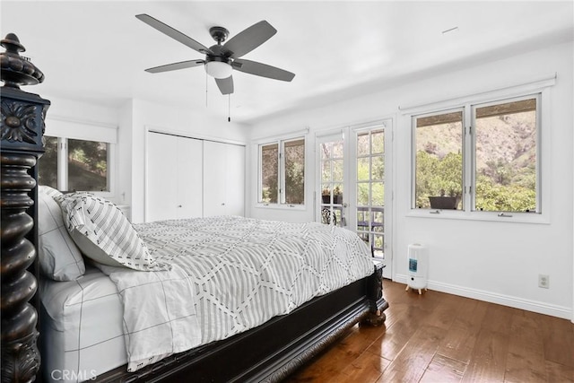 749 Canyon Crest Dr, Sierra Madre, CA 91024 - bedroom featuring hardwood / wood-style floors, a closet, access to outside, and a ceiling fan