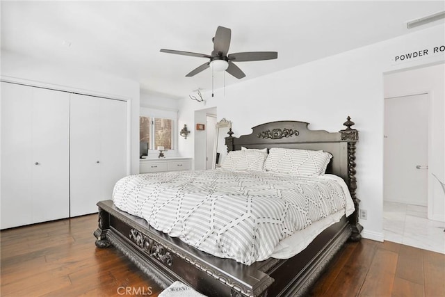 749 Canyon Crest Dr, Sierra Madre, CA 91024 - bedroom featuring a closet, hardwood / wood-style floors, and a ceiling fan