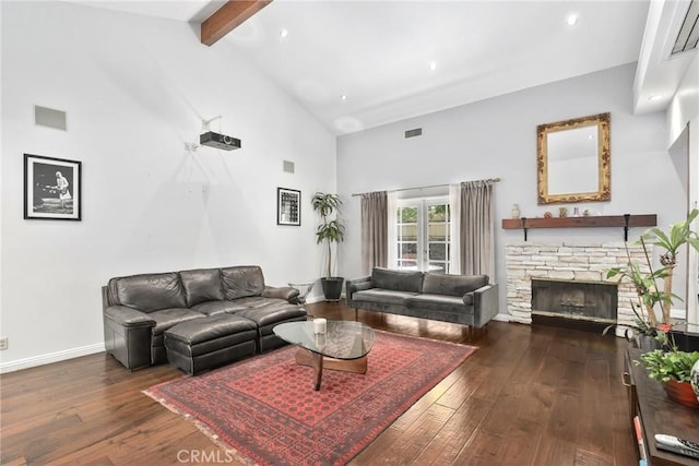 749 Canyon Crest Dr, Sierra Madre, CA 91024 - living room featuring beam ceiling, high vaulted ceiling, dark wood finished floors, a stone fireplace, and recessed lighting