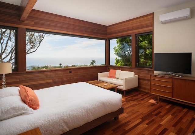 7226 Romero Dr, La Jolla, CA 92037 - bedroom with a wall unit AC, wood finished floors, and beamed ceiling