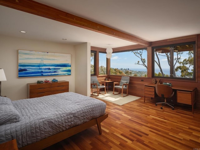 7226 Romero Dr, La Jolla, CA 92037 - bedroom featuring wood finished floors, beamed ceiling, and recessed lighting