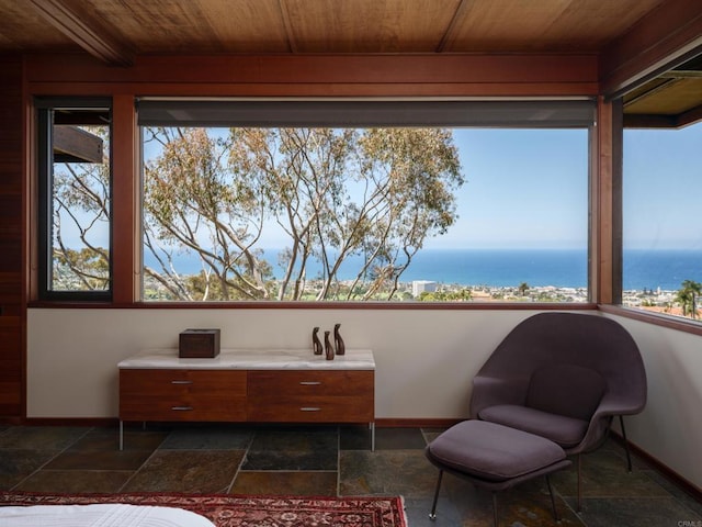 7226 Romero Dr, La Jolla, CA 92037 - sitting room with stone tile floors, wooden ceiling, baseboards, and plenty of natural light