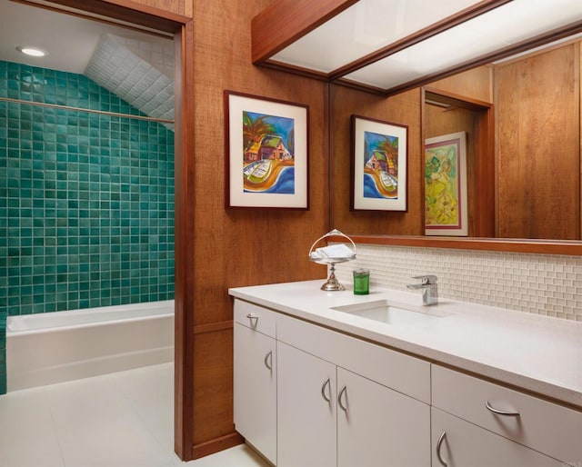 7226 Romero Dr, La Jolla, CA 92037 - full bathroom with vanity, shower / tub combination, tile patterned floors, and backsplash
