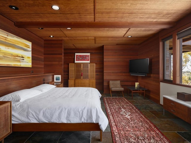 7226 Romero Dr, La Jolla, CA 92037 - bedroom with wooden ceiling, wooden walls, stone tile flooring, and recessed lighting