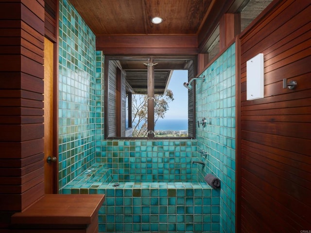 7226 Romero Dr, La Jolla, CA 92037 - bathroom featuring wood ceiling, recessed lighting, and wooden walls