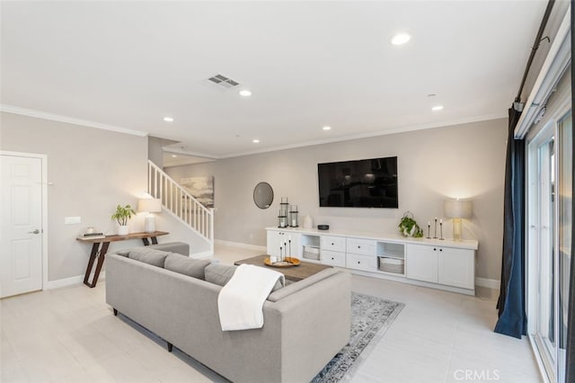 15339 Lotus Cir, Chino Hills, CA 91709 - living room with stairs, crown molding, baseboards, and recessed lighting