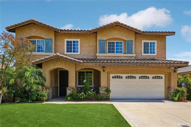 16443 Pine Forest St, Fontana, CA 92336 - view of front of home featuring a tiled roof, an attached garage, a front lawn, concrete driveway, and stucco siding
