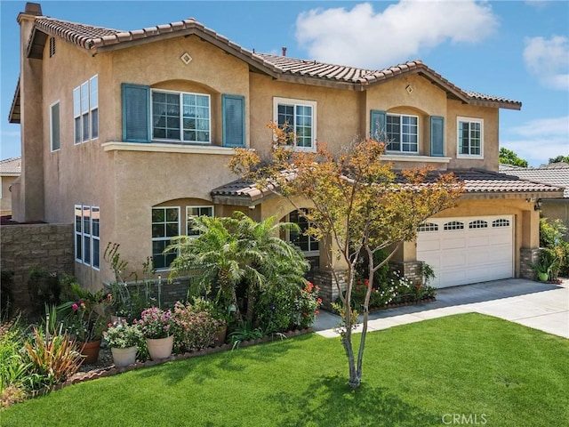 16443 Pine Forest St, Fontana, CA 92336 - mediterranean / spanish-style home with concrete driveway, stucco siding, a front yard, a garage, and a tiled roof