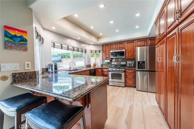 5940 Avenida Antigua, Yorba Linda, CA 92887 - kitchen with stainless steel appliances, a sink, a peninsula, light wood-type flooring, and recessed lighting